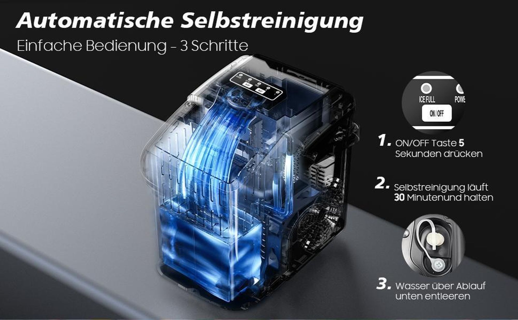Eiswürfelmaschine, 12kg/24h, 8 Eiswürfel in 6–13 Minuten, 2 Eiswürfelgrößen, Selbstreinigungsfunktion, LED-Anzeige, tragbar, Schwarz