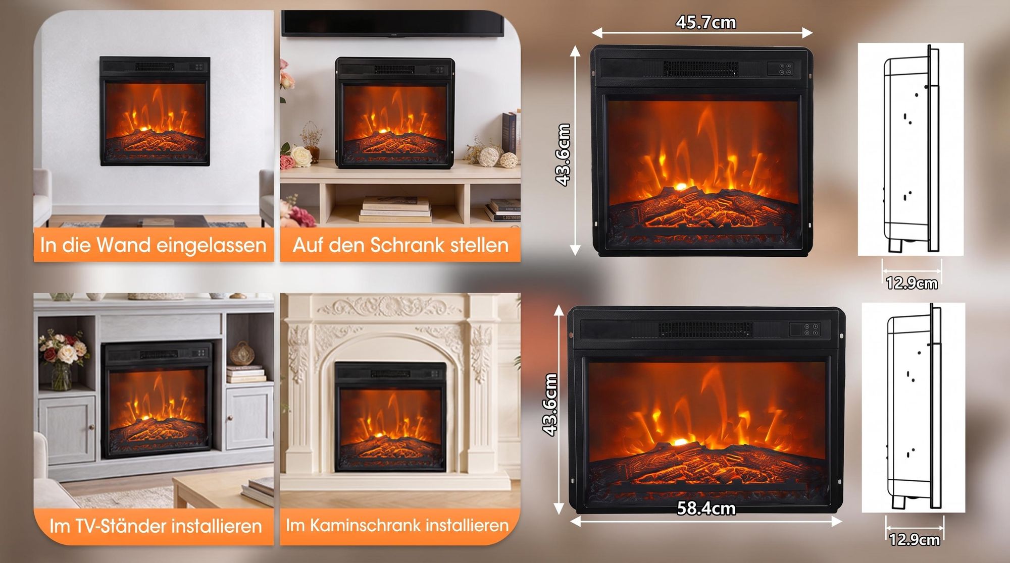 Parrot Uncle Elektrischer Kamin, 48.7cm, Schwarz, Einbau-Design, 1800W Heizung, Realistische Flammenoptik, Wohnzimmer & Schlafzimmer, Fernbedienung