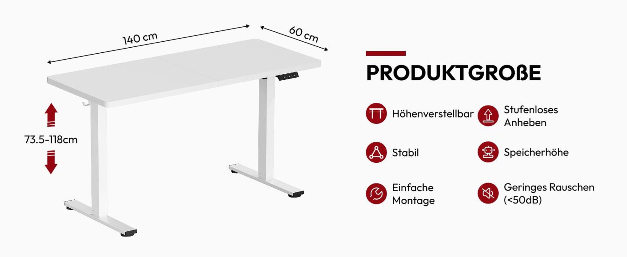 SANODESK Höhenverstellbarer Schreibtisch Upgrade 140×60cm 4 Memory-Funktion Becherhalter, Haken, Kabelmanagement 70kg Tragkraft Kollisionsschutz Weiß