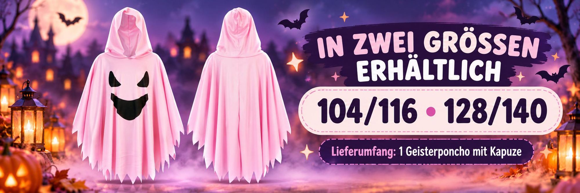 Kinder Geisterkostüm Pink mit Kapuze – Halloween Poncho für Mädchen 104/116