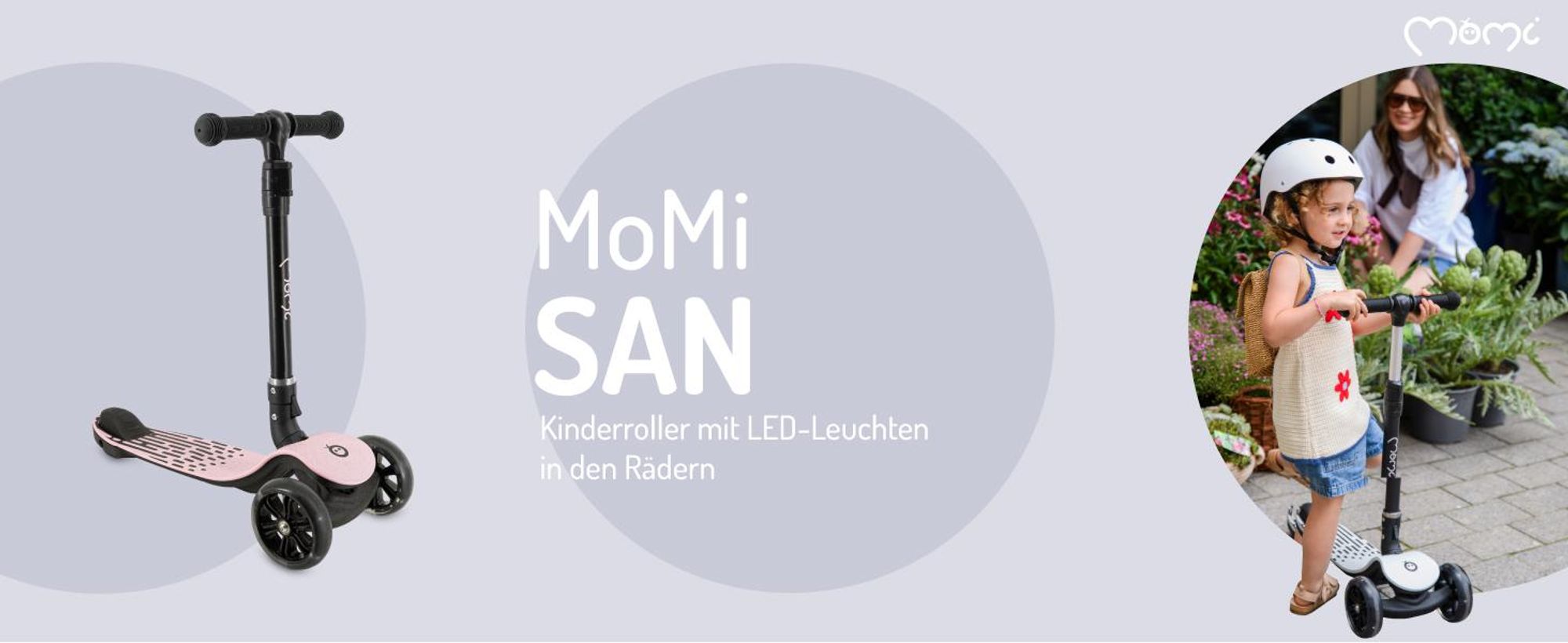 MoMi SAN 2-in-1 3-Rad-Kinderroller – höhenverstellbarer Lenker 60/66/72 cm, klappbar, LED-Räder, ABEC-7, Trittbremse, 2,7 kg