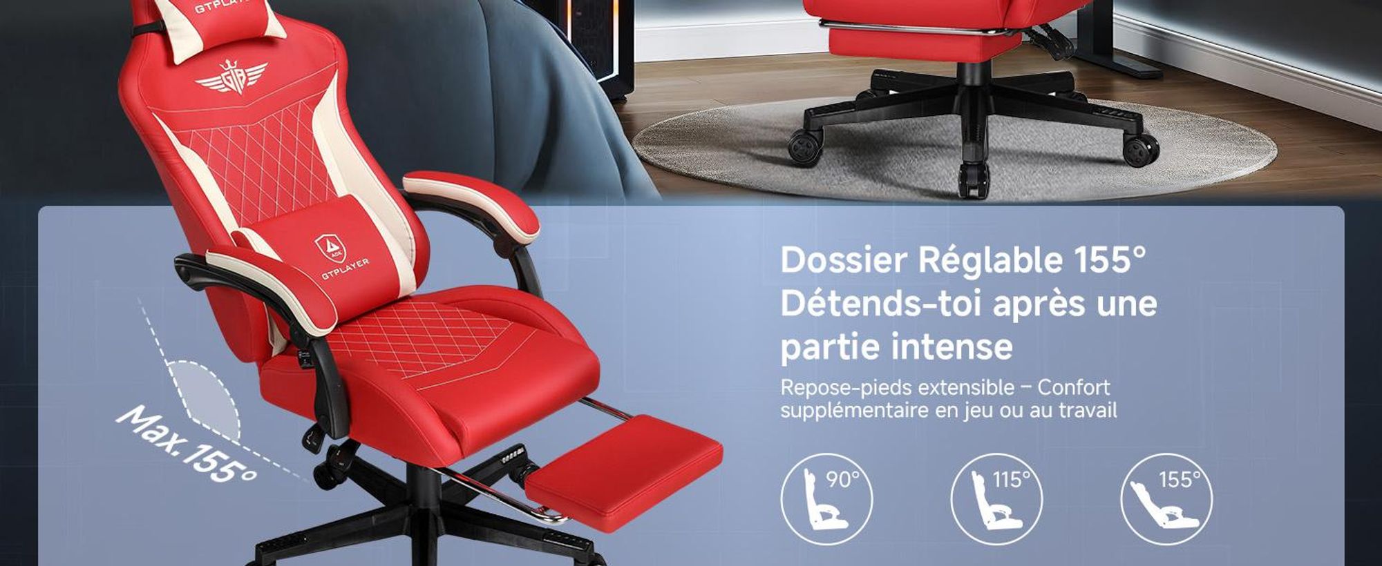 Chaise de jeu GTPLAYER, chaise de jeu ergonomique en cuirPolyuréthaneavec soutien lombaire, chaise PC avec dossier élargi, supporte jusqu'à 150 kg, Ro
