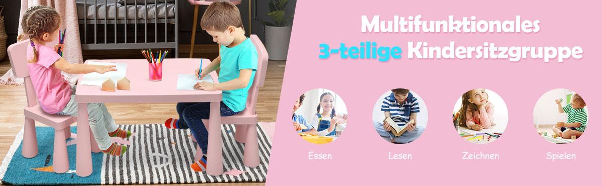 COSTWAY 3 tlg. Kindersitzgruppe, Kindertischgruppe, Kindertisch mit 2 Stühlen, Kindermöbel aus Kunststoff, Kinder-Tischset für Kinderzimmer Rosa
