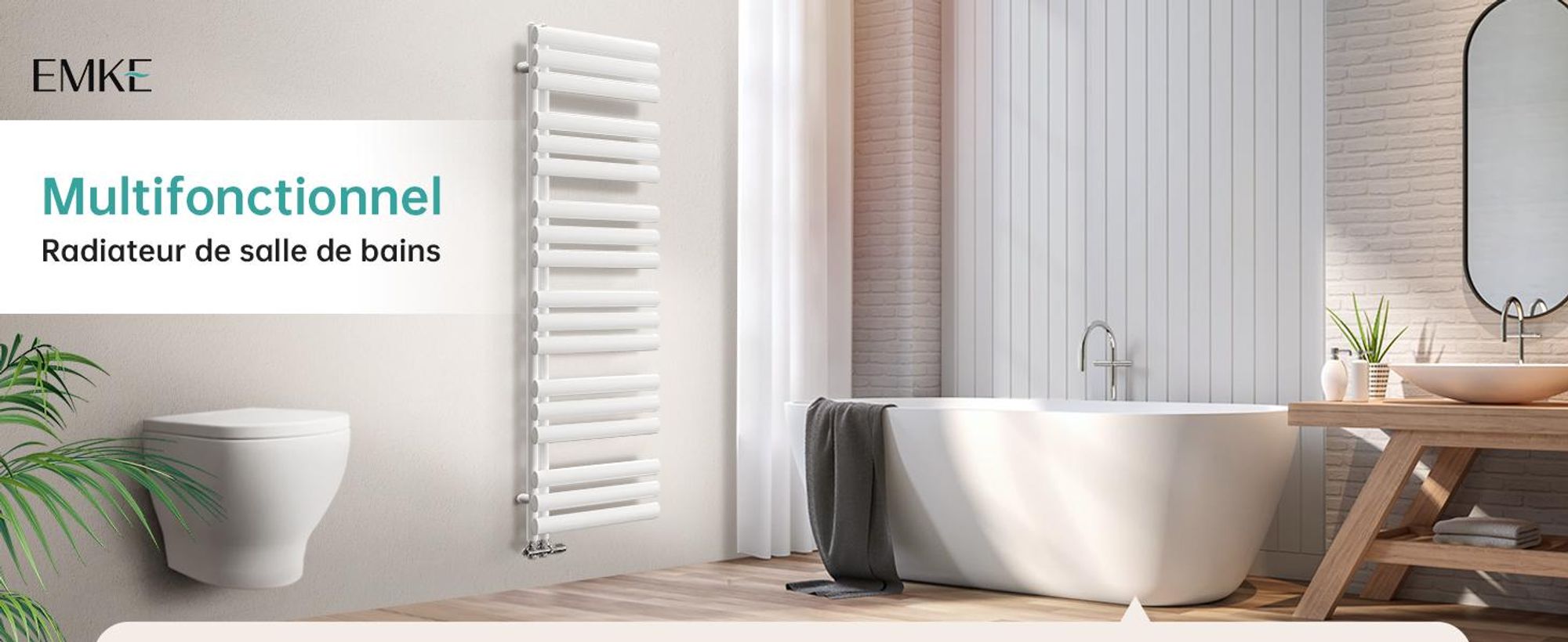 EMKE Radiateur de salle de bain tubulaire Tubes ovales Sèche-serviettes Chauffe-serviettes vertical Raccord latéral pour eau Blanc 143×40cm 484W sans thermoplongeur