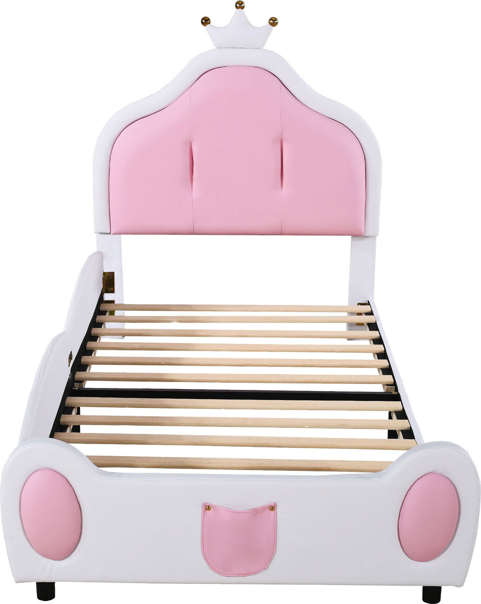 Flieks Kinderbett Polsterbett 90x200cm mit Kronenförmigem Kopfteil, Einzelbett Holzbett Sofabett mit Lattenrost, Bodenbett Schlafsofa, PU, Weiß