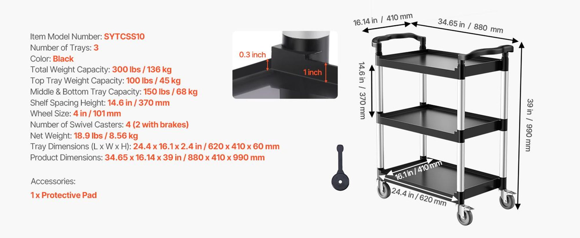 VEVOR Universalwagen, 136 kg Tragkraft, 3-stufiger Universalwagen aus Kunststoff