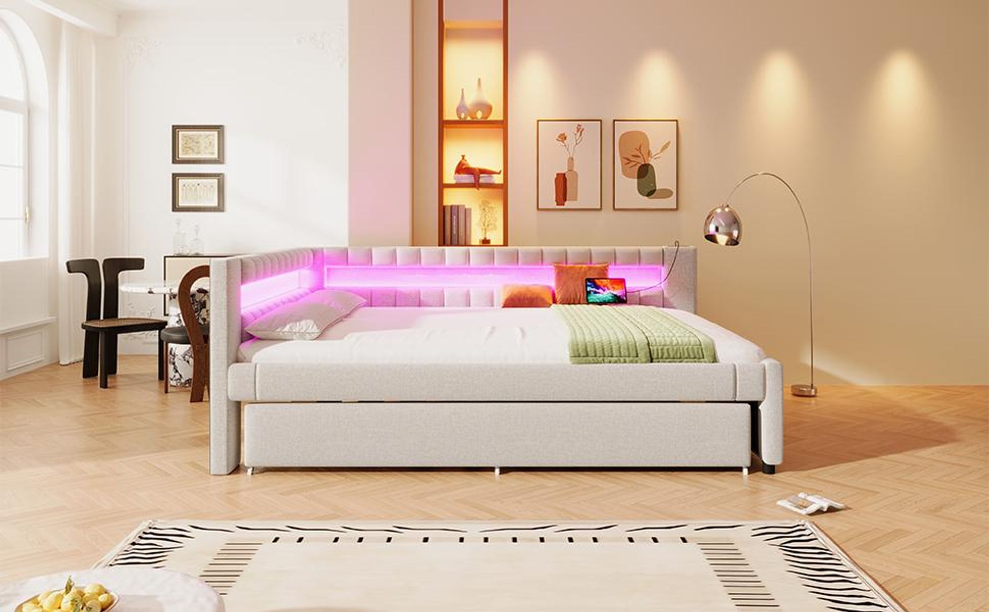 Merax Tagesbett Daybett 140x200 cm, mit Ausziehbett 90x190 cm, LED, USB und Type-C, Schlafsofa, Schlafsofa, Beige