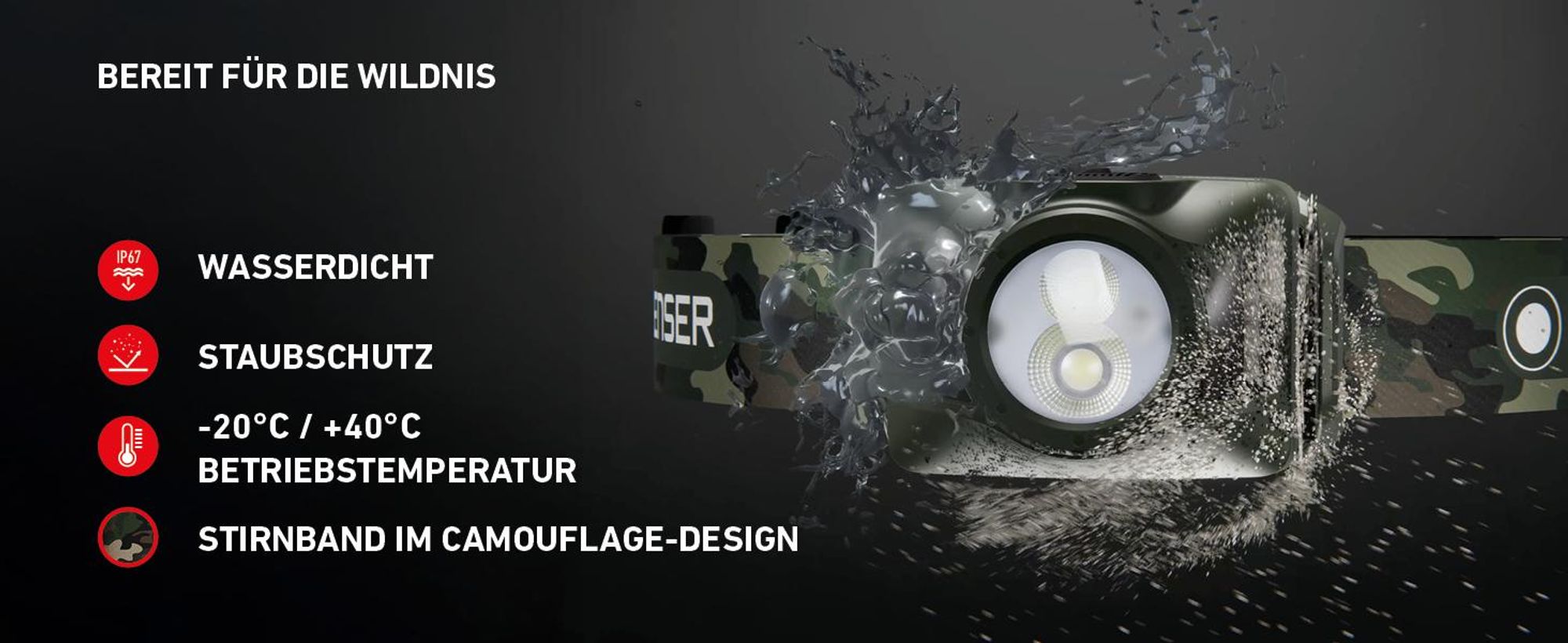Ledlenser Stirnlampe HF4R RGB Camo, 650lm, 130m Leuchtweite, 45h Laufzeit, IP67, Akku