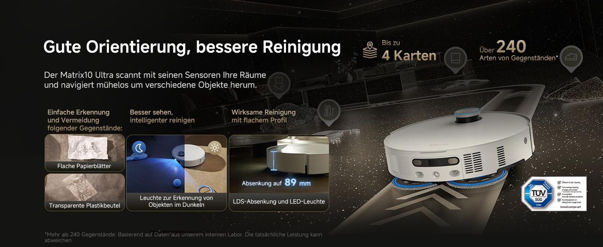 Dreame Matrix 10 Ultra Roboter Staubsauger und Bodenwischer,30kPa,Mehrfach-Moppschaltung,KI-Hindernisvermeidung,Anti-Tangle,100℃ Selbstreinigung,Weiß