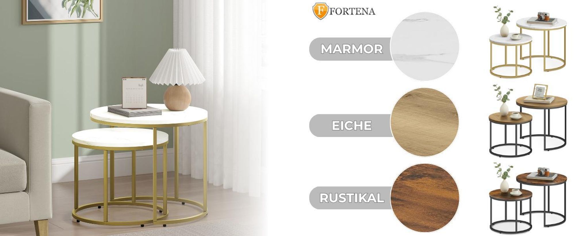 FORTENA Couchtisch Set 2tlg Rund, Marmor Look, mit goldenem Metallgestell