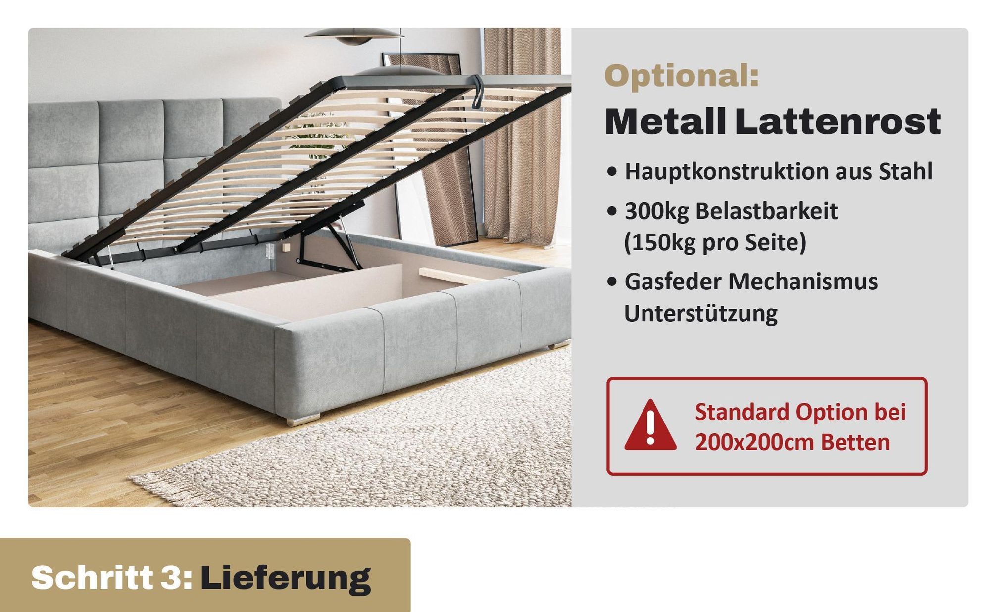 MOTIVENA Luna Polsterbett 200x200 mit Bettkasten, Holz Lattenrost, Bett 200x200 Beige Samt (Jasmine 24)