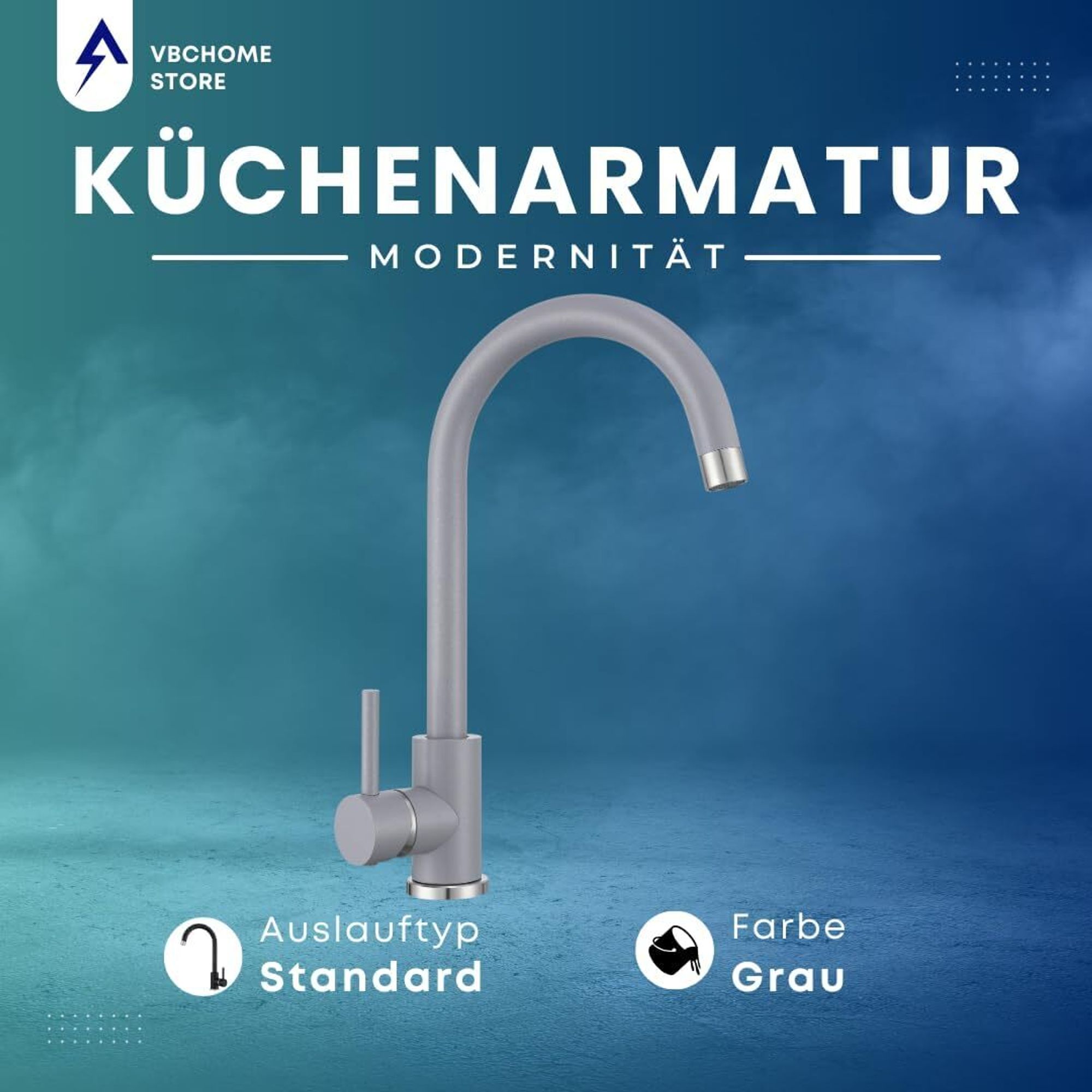 VBChome Küchenarmatur Grau Granitoptik 360° drehbar – Einhebel Armatur für Spüle, Wasserhahn modern für Spültisch