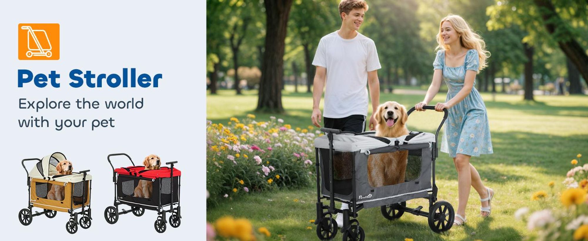 PawHut 2 w 1 wózek dla psa, składany, dla psów i kotów do 30 kg, wózek ręczny z oknami z siatki amortyzującej, 2 drzwiami, torba do przechowywania, wózek dla kota, ciemnoszary