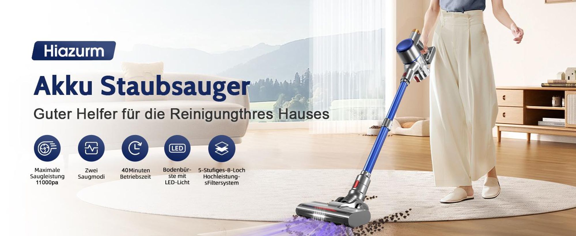 Hiazurm Akku Staubsauger,HEPAx4,Staubsauger kabellos,40 Min,Haushalte mit Haustieren ,kabelloser Staubsauger,Anti-Tangle-Staubsauger