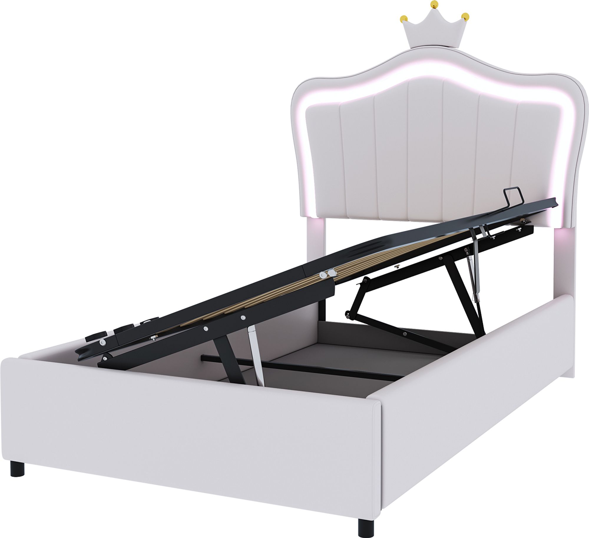 Flieks Polsterbett 90x200cm mit Lattenrost, Jugendbett Kinderbett mit Led, Einzelbett mit Kronenformung, Hydraulisches Stauraumbett, PU, Weiß