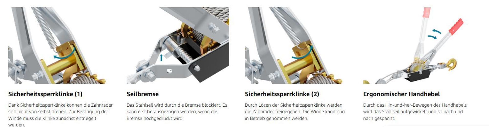 Wiltec Handseilzug mit 2,2 m Drahtseil bis 2000 kg, Flaschenzug mit 2 Haken, Seilwinde mit Sicherheitslasthaken, Handseilwinde mit 2 Getriebe