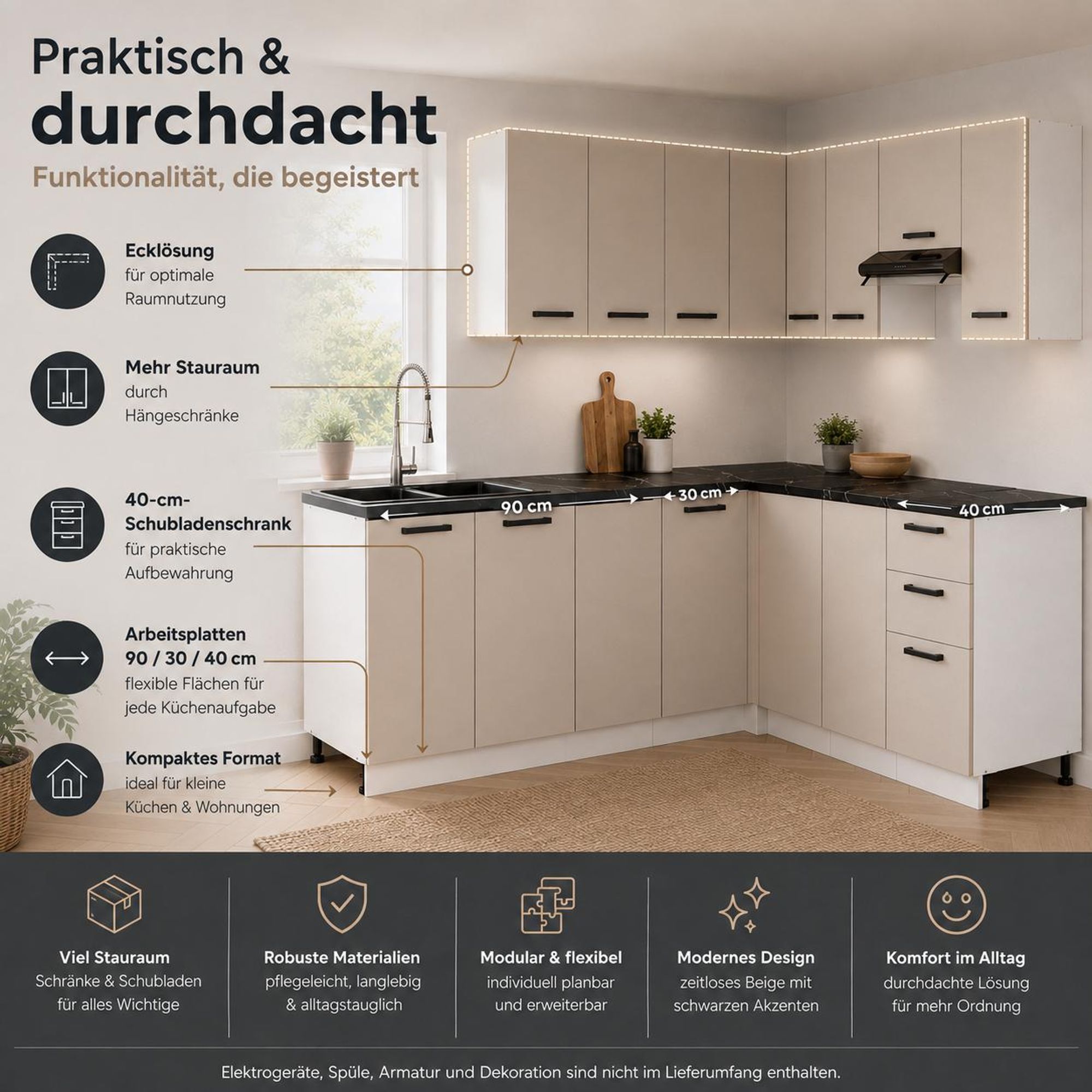 Praktische Eckküche mit viel Stauraum, 40-cm-Schubladenschrank und Hängeschränken