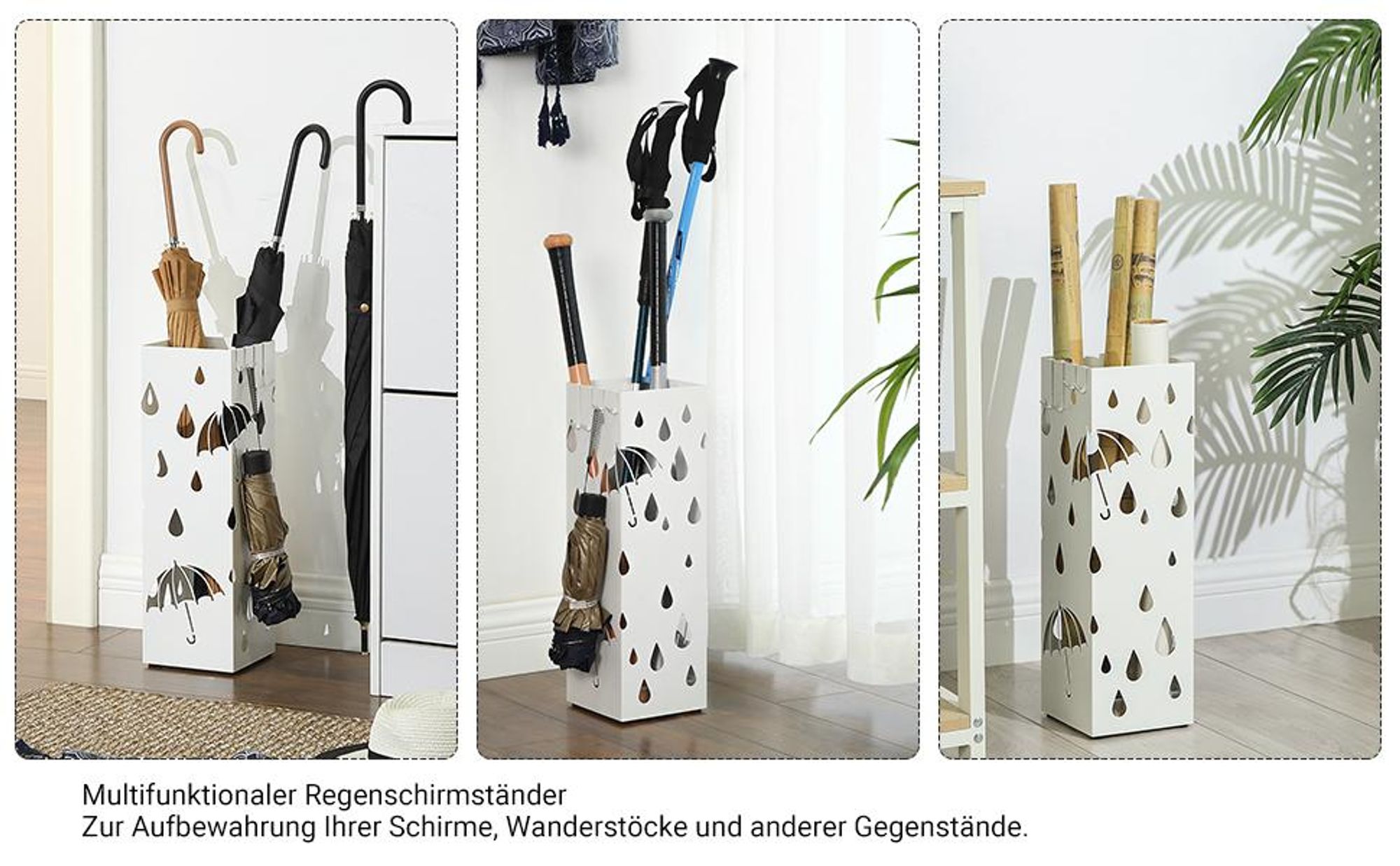 Regenschirmständer mit 2 Haken weiß Metall rechteckig Ø15,5 × 49 cm Regenschirm werden verschenkt Wasserauffangschale SONGMICS LUC49W