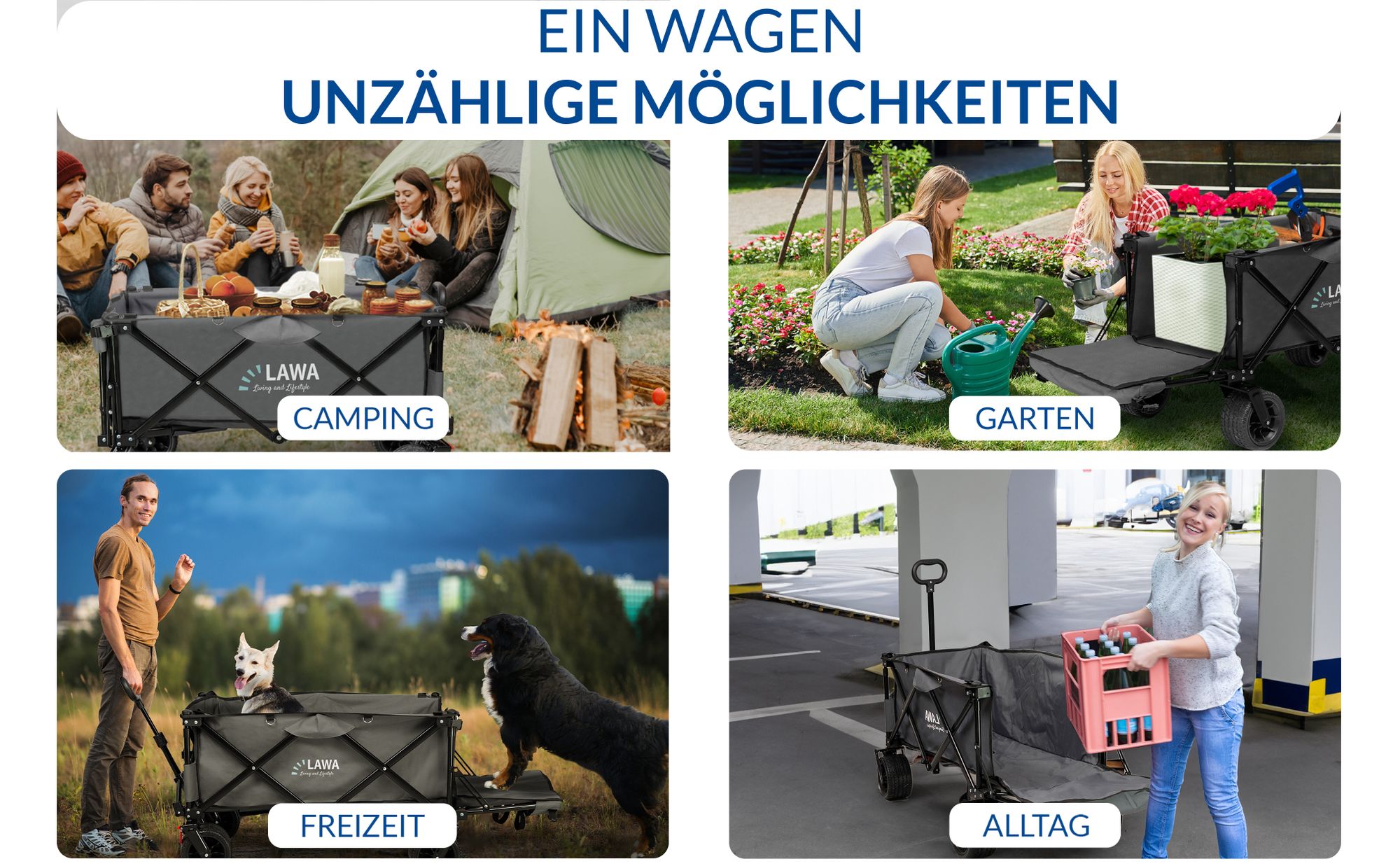 Verschiedene Einsatzmöglichkeiten des LAWA Living and Lifestyle Bollerwagens mit Heckklappe.