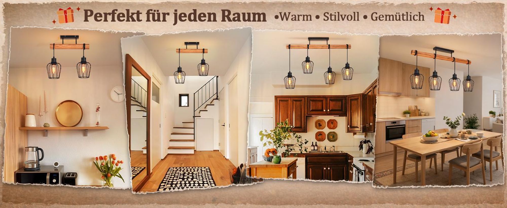 ZMH Lampada da soffitto in legno, lampada da corridoio nera, lampada da cucina a 4 luci, metallo, attacco E27, per cucina, soggiorno e sala da pranzo, lampadina non inclusa
