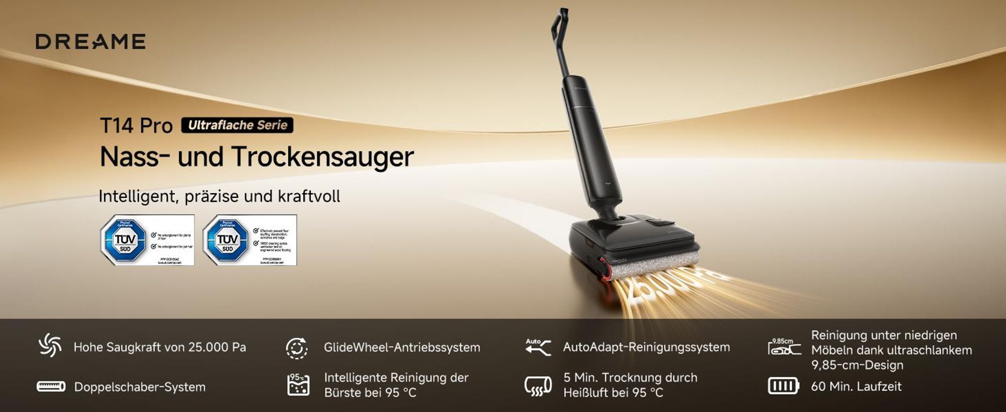 Dreame T14 Pro Nass- und Trockensauger,25kPa Saugleistung Akku-Staubsauger,9.85cm Ultraschlanke,95℃ Heißwäsche,0-Tangle Schaber,Auto-Reinigungssystem