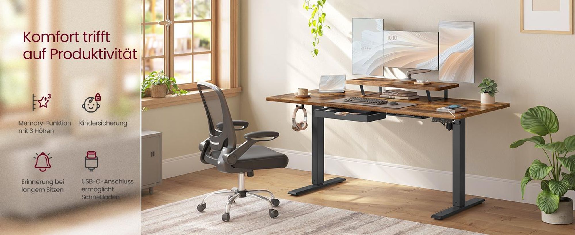 VASAGLE Höhenverstellbarer Schreibtisch, 140 cm, USB-C-Anschluss, Erinnerung bei langem Sitzen, flexibel montierbarer Monitorständer