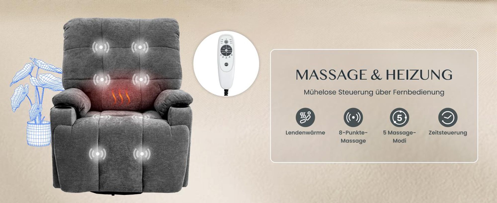 FLEXISPOT XR7 Elektrischer Relaxsessel, Massagesessel mit Heizfunktion, 360°drehbar, USB-Anschluss, 105°-165° verstellbar, belastbar bis 200 kg (Grau)