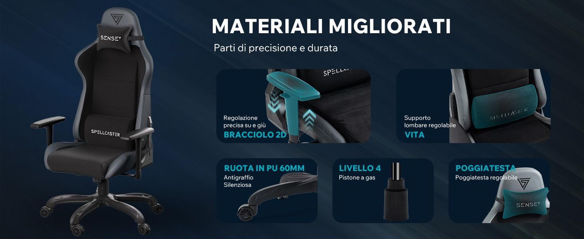 Sense7 Spellcaster FUKU sedia da gioco, poltrona da gioco, sedia da ufficio, sedia da scrivania ergonomica, 120 kg, tessuto, beige