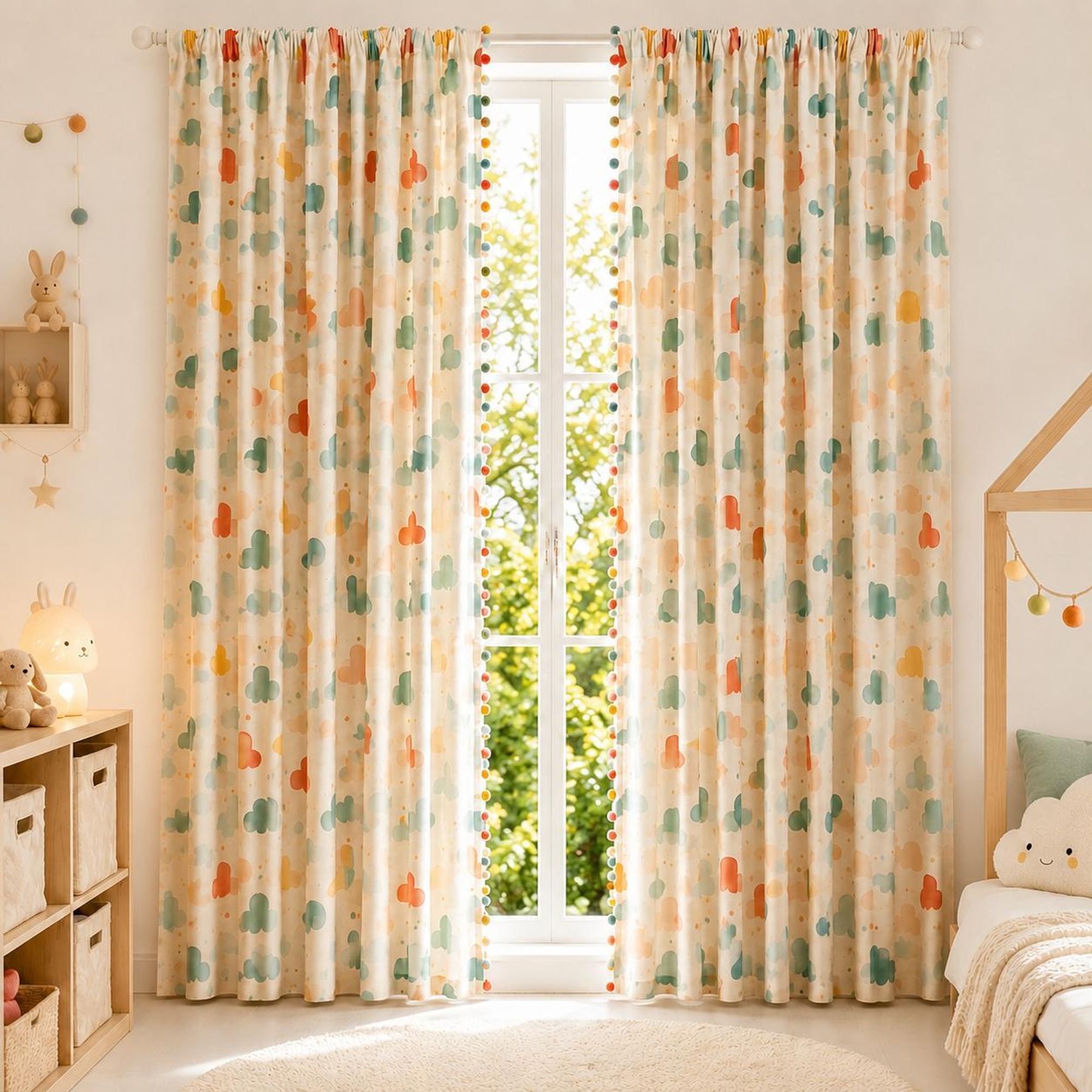Vorhänge Kinderzimmer 2er Set Kräuselband Bunt Vorhang mit Pompons Leinenoptik 150GSM Sichtschutz Blickdicht Wolken Dekoschal Baby Mädchen 132x175cm