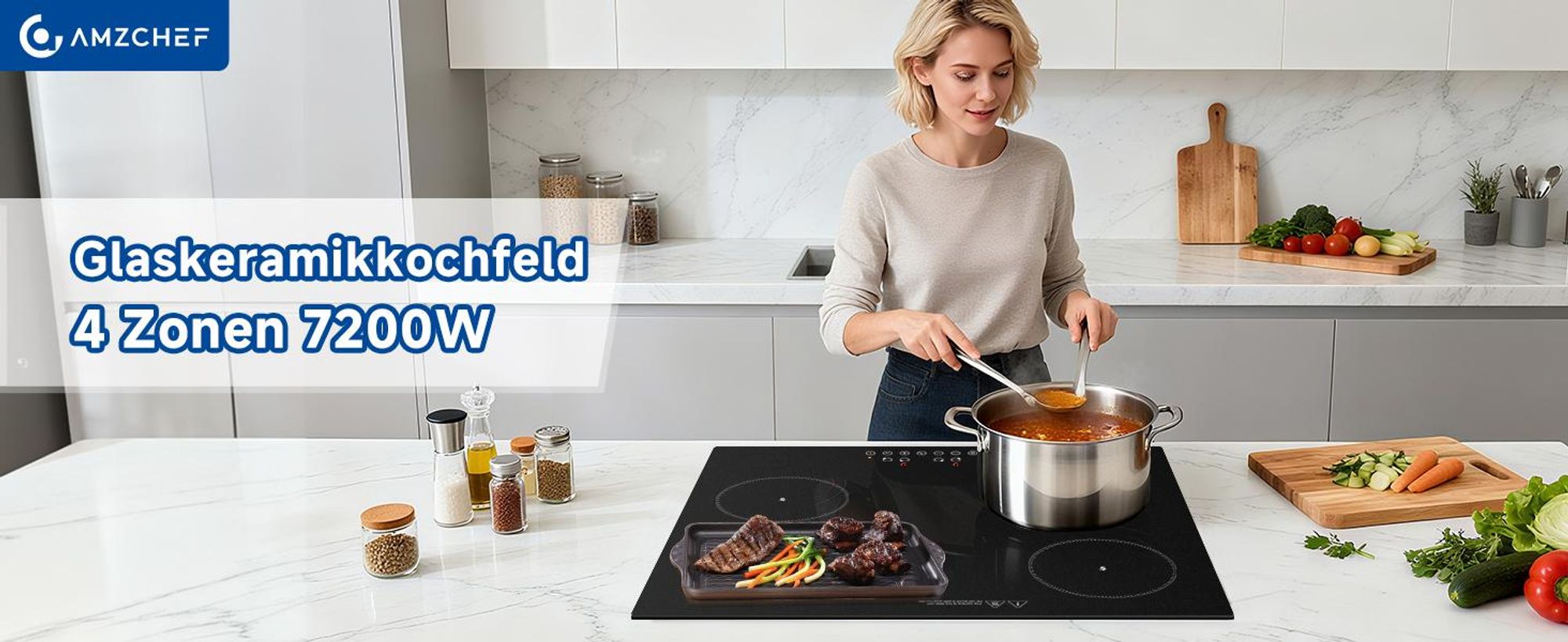 AMZCHEF Glaskeramikkochfeld 60 cm, 4 Zonen, 7200 W, 9 Leistungsstufen, Dual- & Ovalzone, Touch-Control, Timer, Kindersicherung