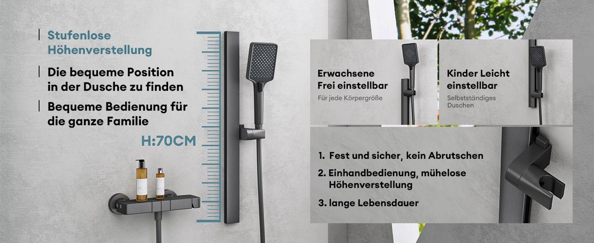 Mai & Mai Duschsystem mit Regendusche Duschkopf 3 Strahlarten höhenverstellbar Duschbrause mit Unterauslauf aus Aluminium Grau  Arvexa-02
