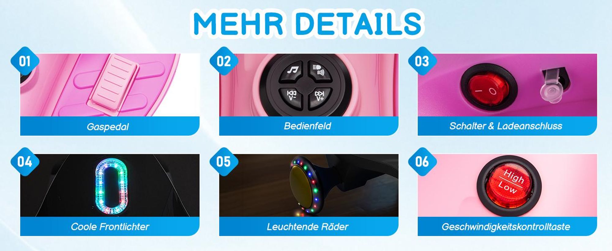 Kinder-Elektroauto 12V, Elektrisches Rutschauto mit Pedal, 2 Geschwindigkeiten und Kippschutz, Bluetooth, für Kinder ab 3 Jahren,Fuchsia & Rosa