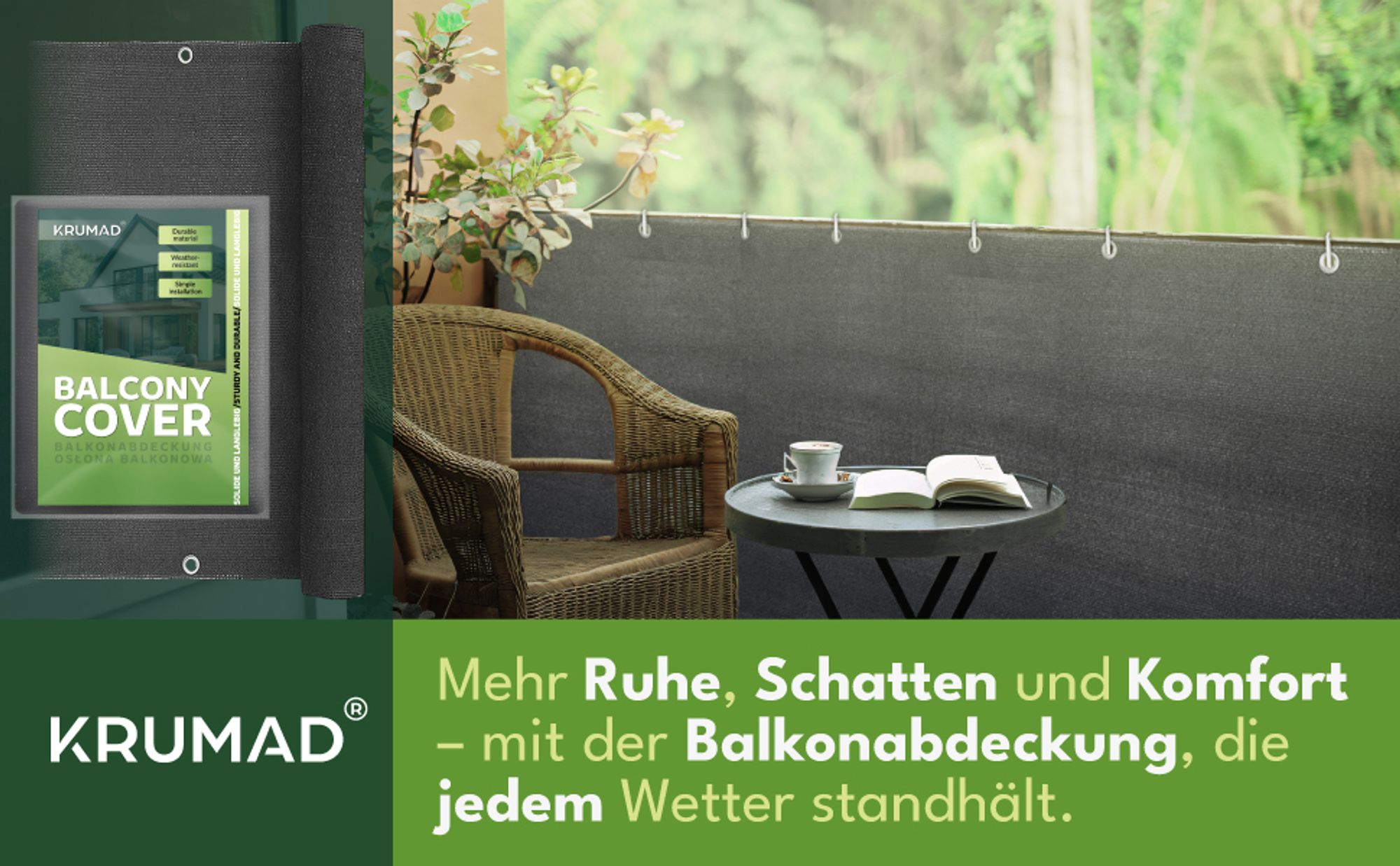 KRUMAD Balkon Sichtschutz 0,9m x 5m Wetterfest 95% Schattierung Schattierung 180g/m² PEHD UV- & Windschutz, Schnur Anthrazitgrau