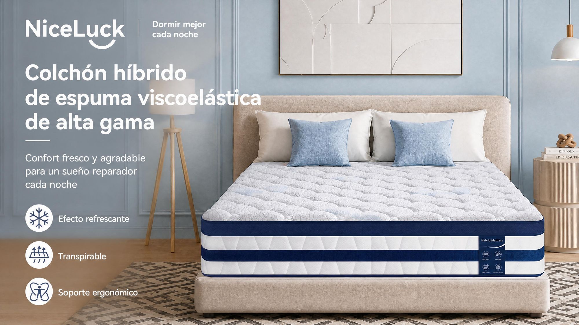 Colchón de 90x190 cm, con una altura de 26 cm, que incluye un acolchado superior integrado. Colchón de muelles ensacados con 7 zonas, firmeza H3/H4. Funda de alta calidad de 420 g/m²