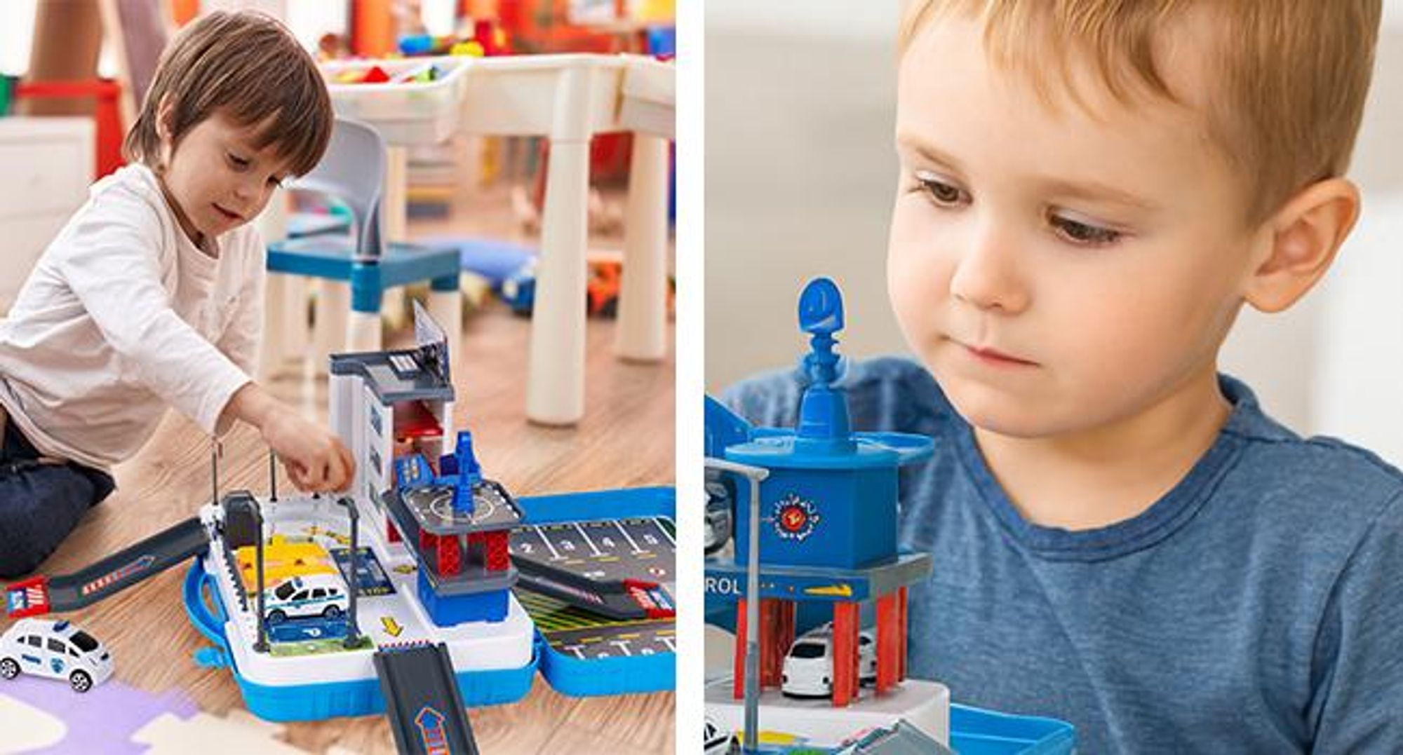 KRUMAD Polizeiparkplatz ab 3 Jahre 40 Teile, Polizei Parkhaus Spielzeug im Koffer, Tragbare Garage mit Auto und Zubehör, Polizeistation für Kinder