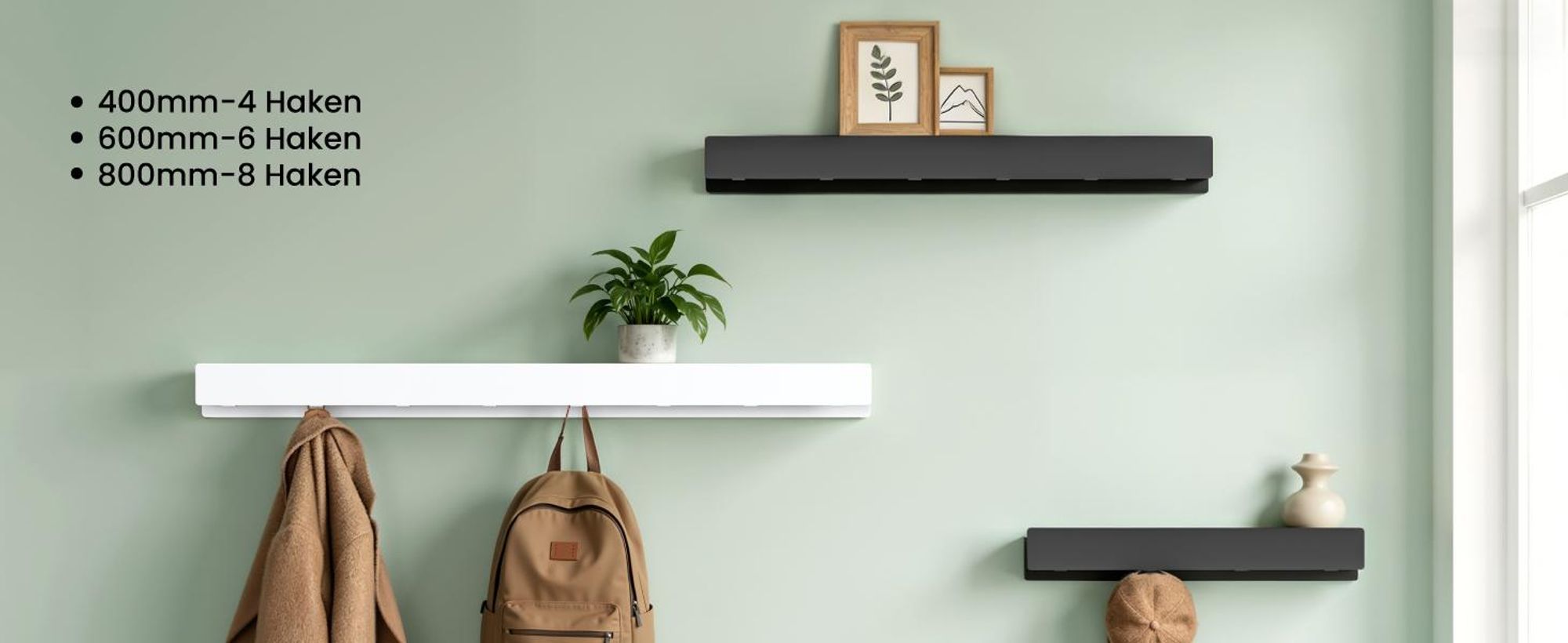 Mai & Mai Wandgarderobe mit Ablage und 4 Haken, Garderobenleiste mit versteckten Kleiderhaken, Kleiderstange Wandmontage 40cm, Sandweiß Stalo-11