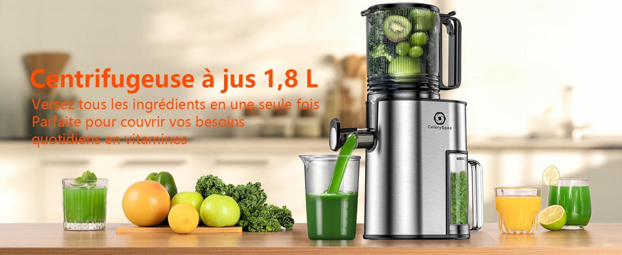 CelerySpec SJ-048-EU-SS Centrifugeuse - Pour légumes et fruits entiers Puissance 250W Capacité 1.8L Extracteur de jus Matériau alimentaire - Argenté