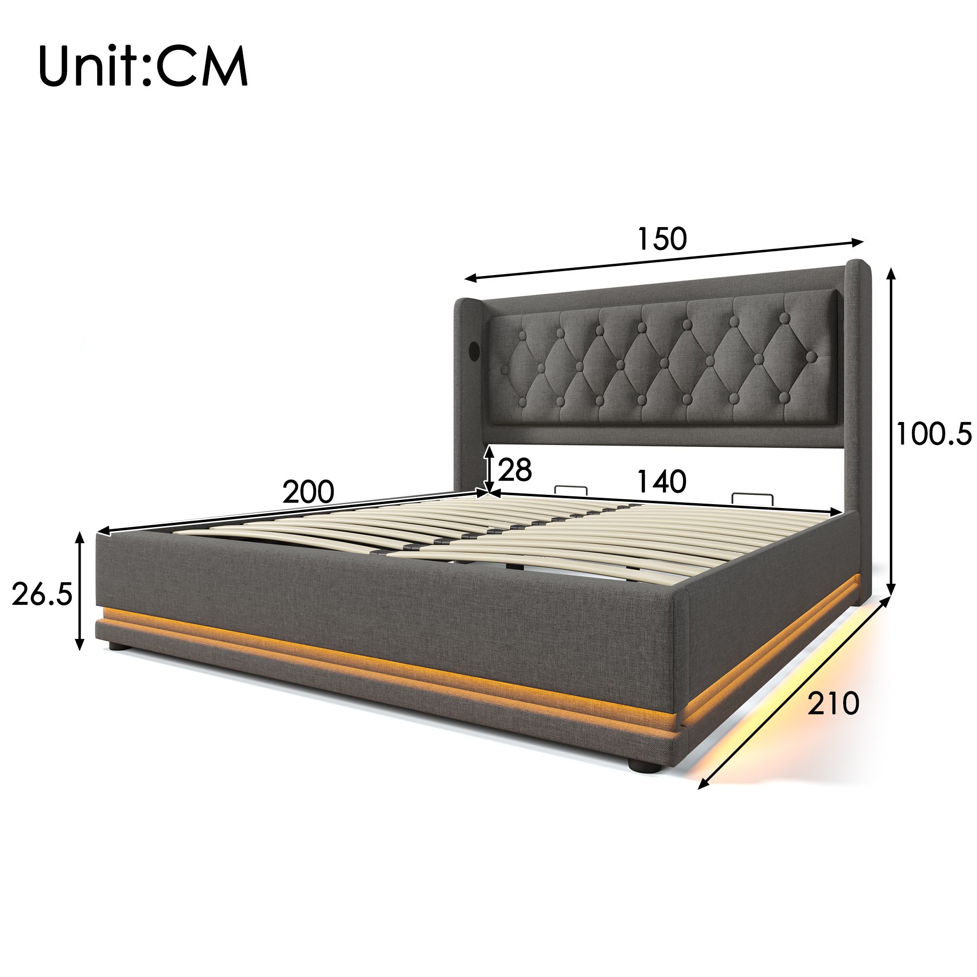 Flieks Polsterbett 140x200cm mit USB & Typ-C, Doppelbett Jugendbett mit LED, Hydraulisches Stauraumbett Boxspringbett mit Lattenrost, Baumwolle, Grau