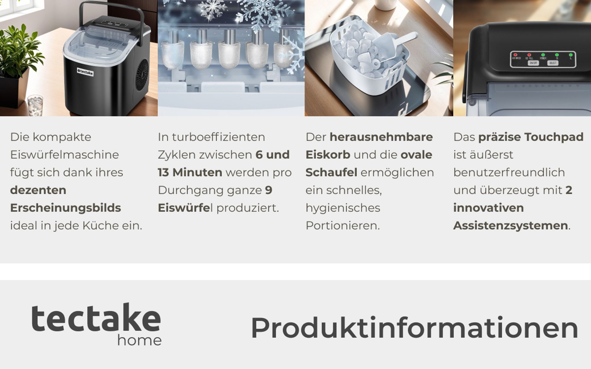 tectake® Eiswürfelmaschine Arctic 1,2 l Wassertank, 2 Eiswürfelgrößen