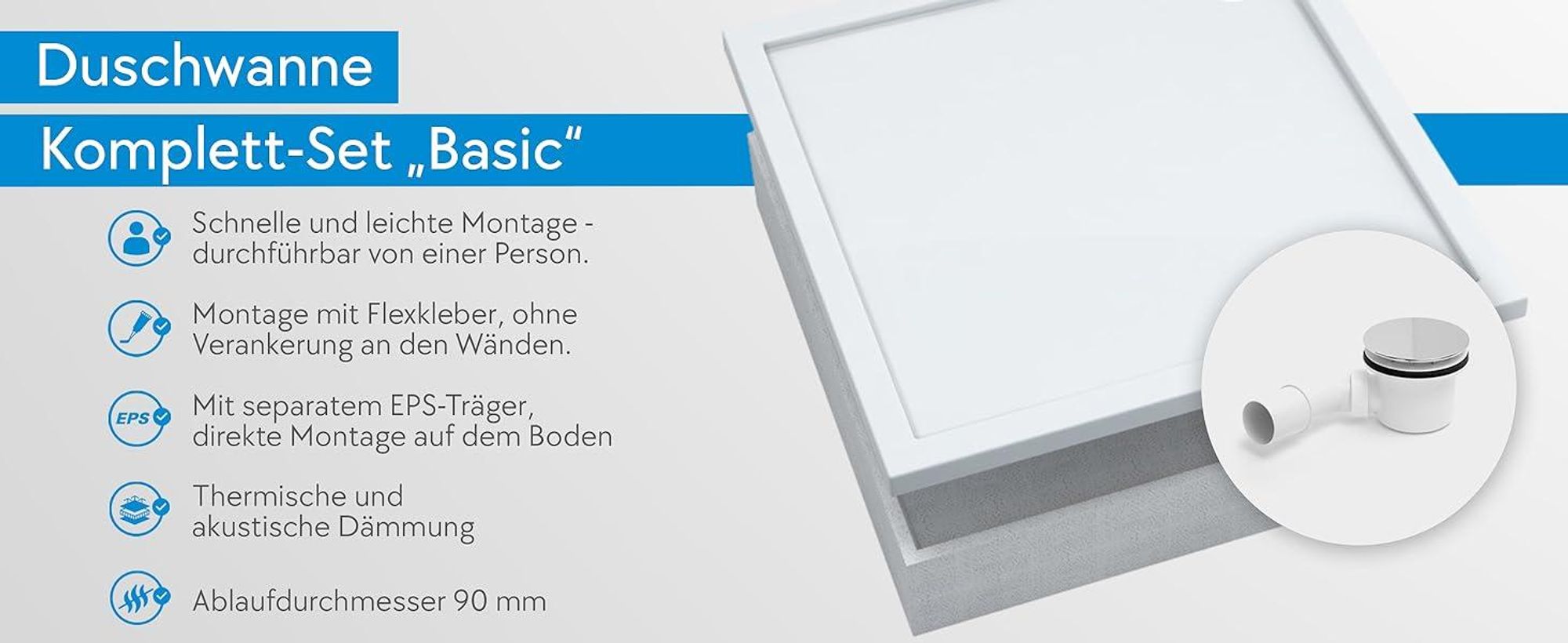 AQUABAD® Duschwanne Komplettset Basic Smooth White 80x80cm Quadrat inkl. Styroporträger und Ablaufgarnitur Alcadrain A49CR