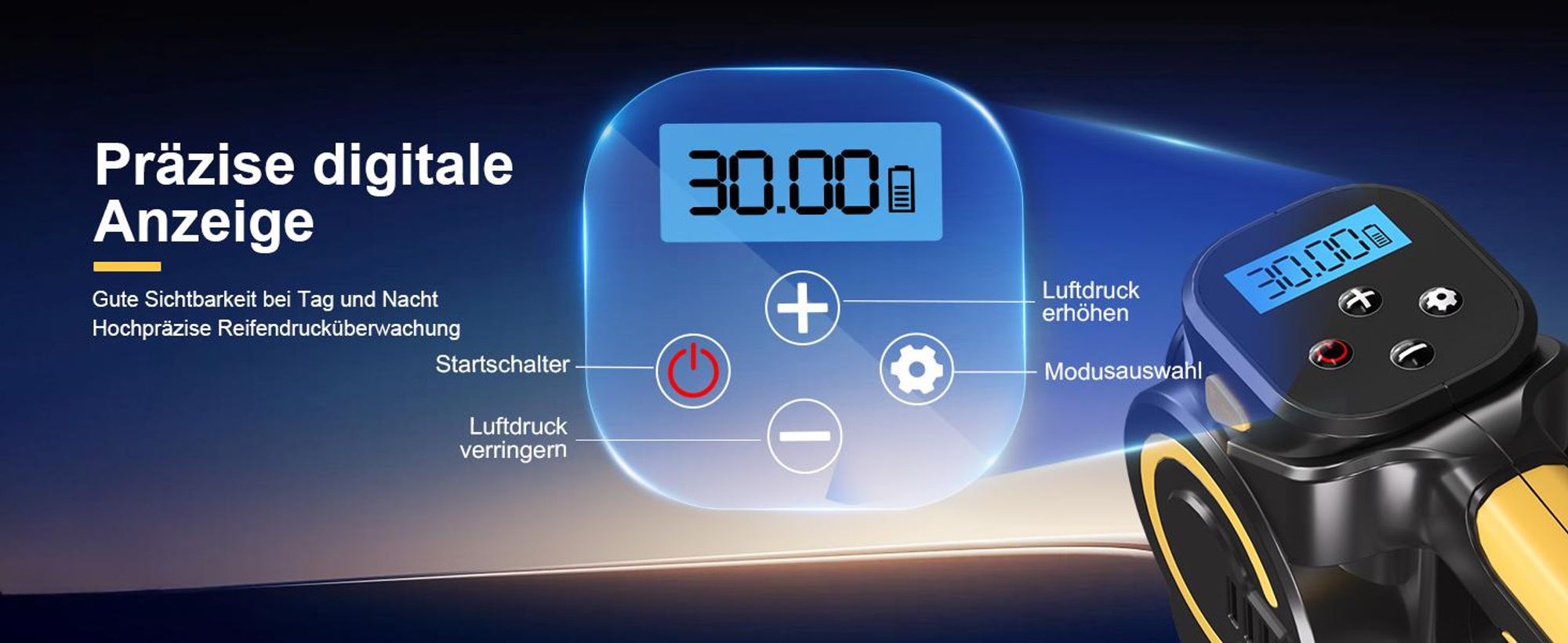 Akku Kompressor 4 in 1: multifunktionale Luftpumpe mit punktgenauer Digitalanzeige & Druckkontrolle, LED-Notleuchte & SOS, mit 1500mAh Akku &Netzkabel
