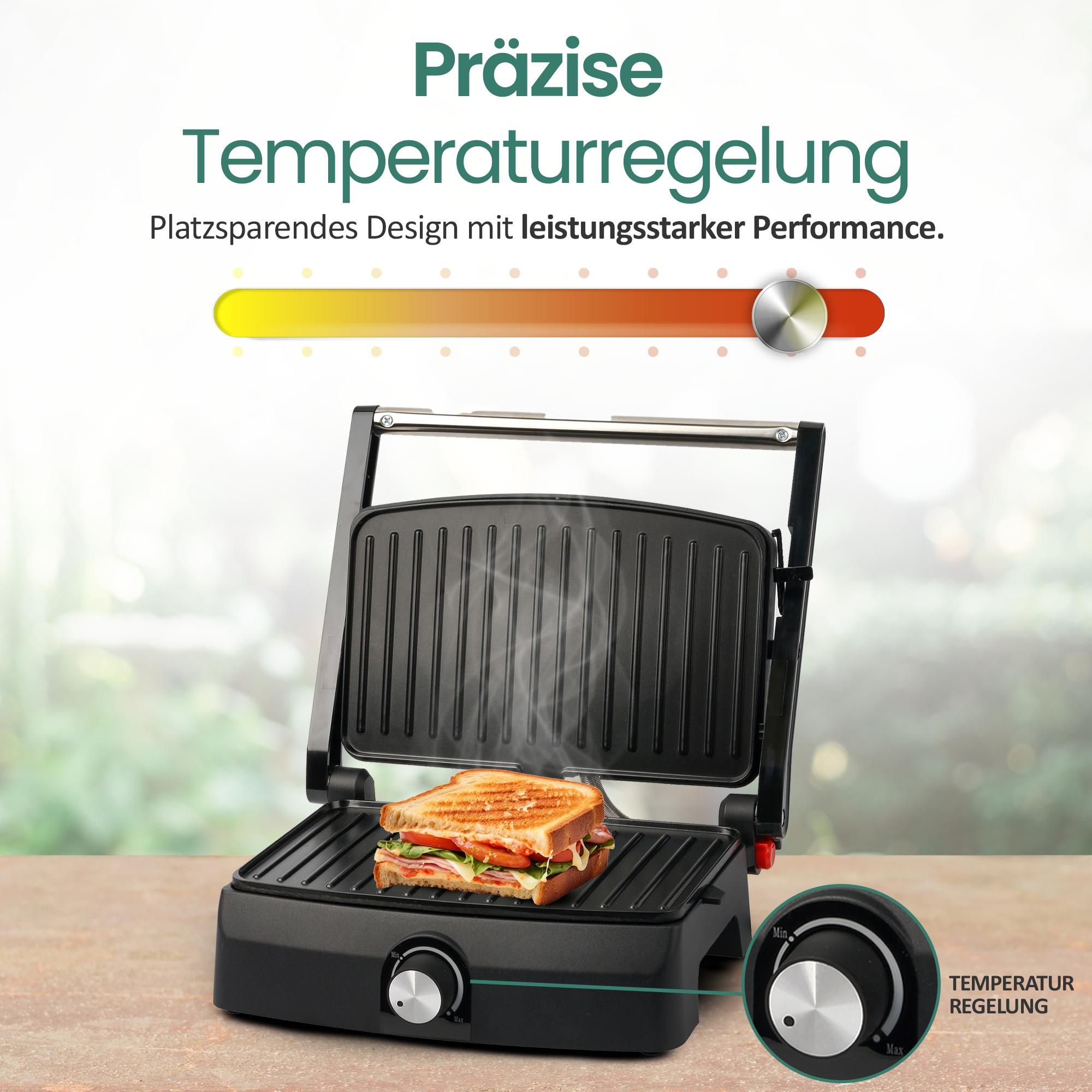 Emerio Kontaktgrill – Sandwichmaker – Grillfläche 23 × 14,5 cm – Panini-Grill – Kontaktgrill CG-130861 – Edelstahl / Schwarz
