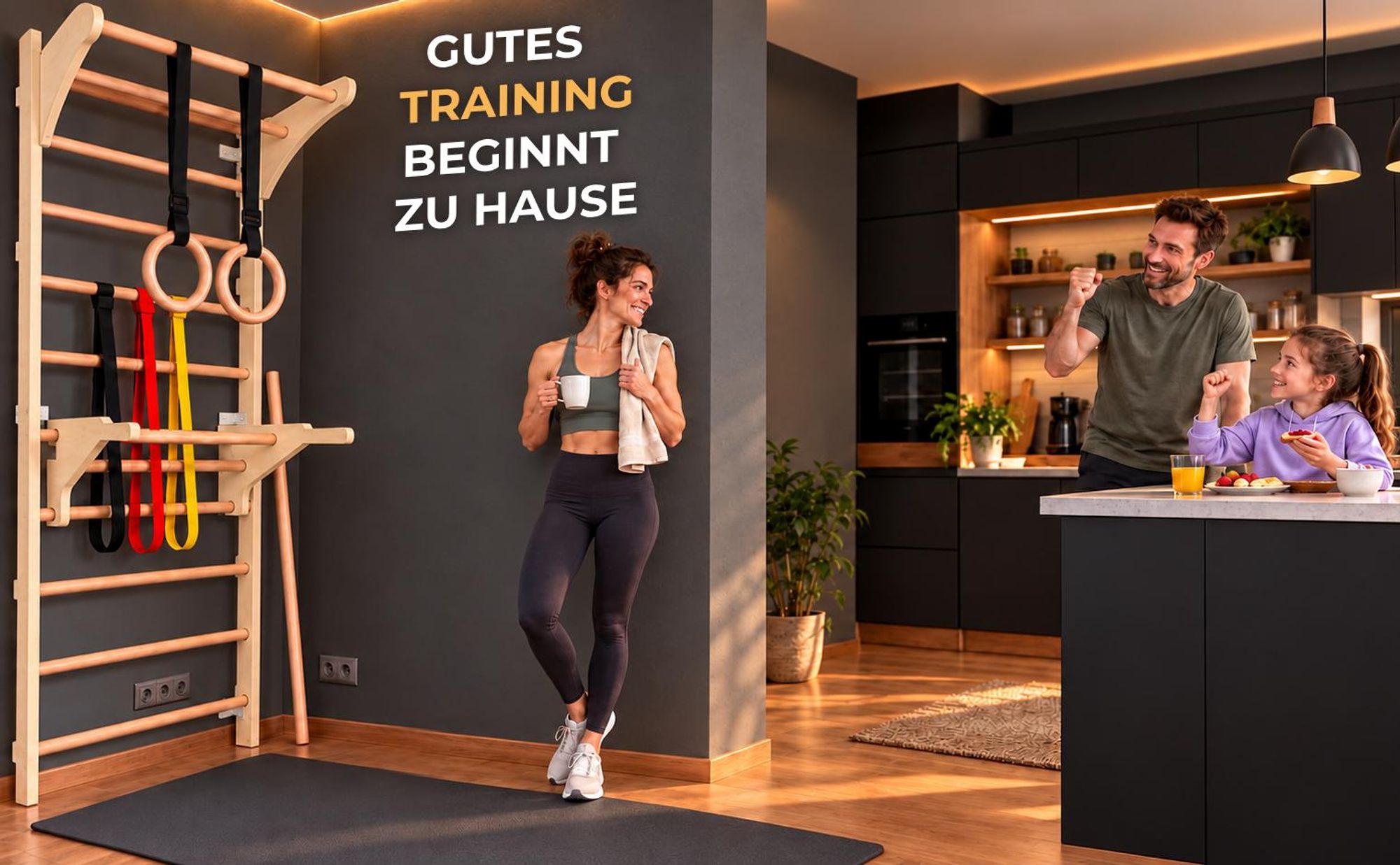MAMOI® Fitness-Sprossenwand mit Klimmgriff, Ringo, Dip-Barren, Widerstandsbändern und Dehnstab; Ganzkörpertraining zu Hause