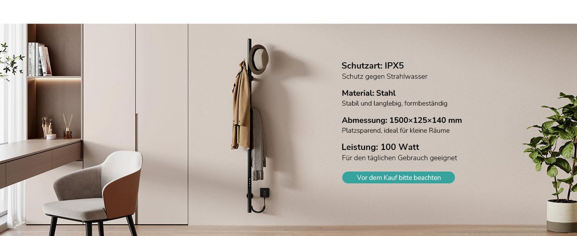 EMKE Elektrischer Handtuchheizkörper 100 W Schwarz, LCD-Display, Intelligentes Thermostat, WiFi/APP-Steuerung Timer Baum-Design handtuchwärmer 150cm