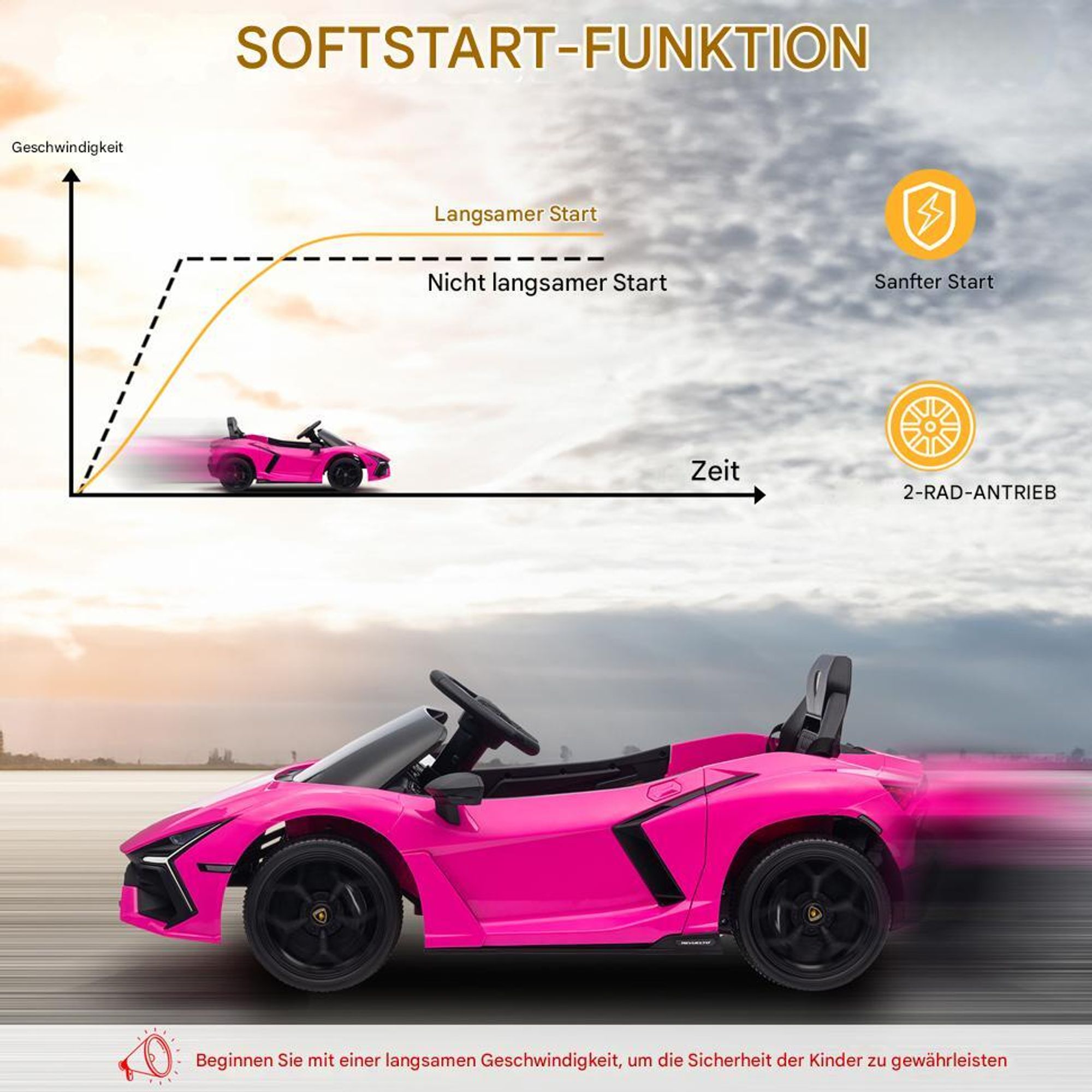 Lamborghini Revuelto, 12V Kinder-Elektroauto mit 2.4GHz Fernbedienung, drei Geschwindigkeitsstufen, Rosa