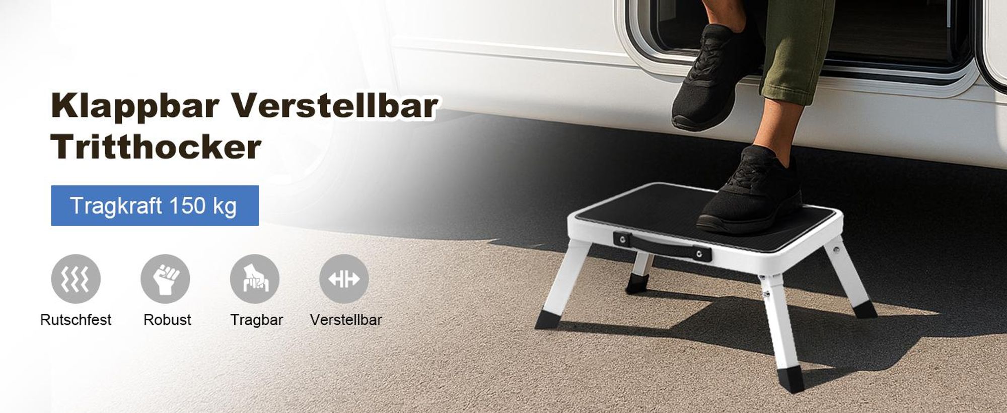 Tritthocker Klappbar, Trittstuhl, Klapphocker, rutschfeste, Höhenverstellbare 18-25cm, Tragkraft 150 kg, für Küche, Haushalt und Wohnwagen