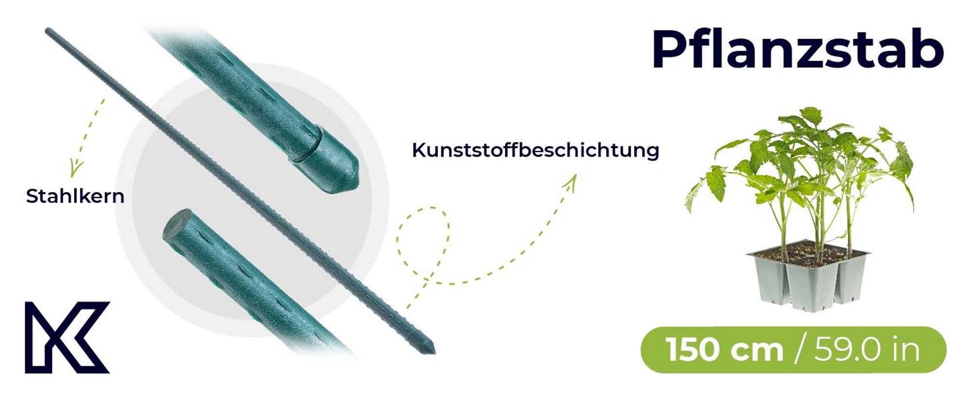 KADAX Blumenstütze aus Stahl "Trang", Pflanzen-Rankstab, Rankhilfe mit Häkchen, Grün, 150 cm, 10 Stück