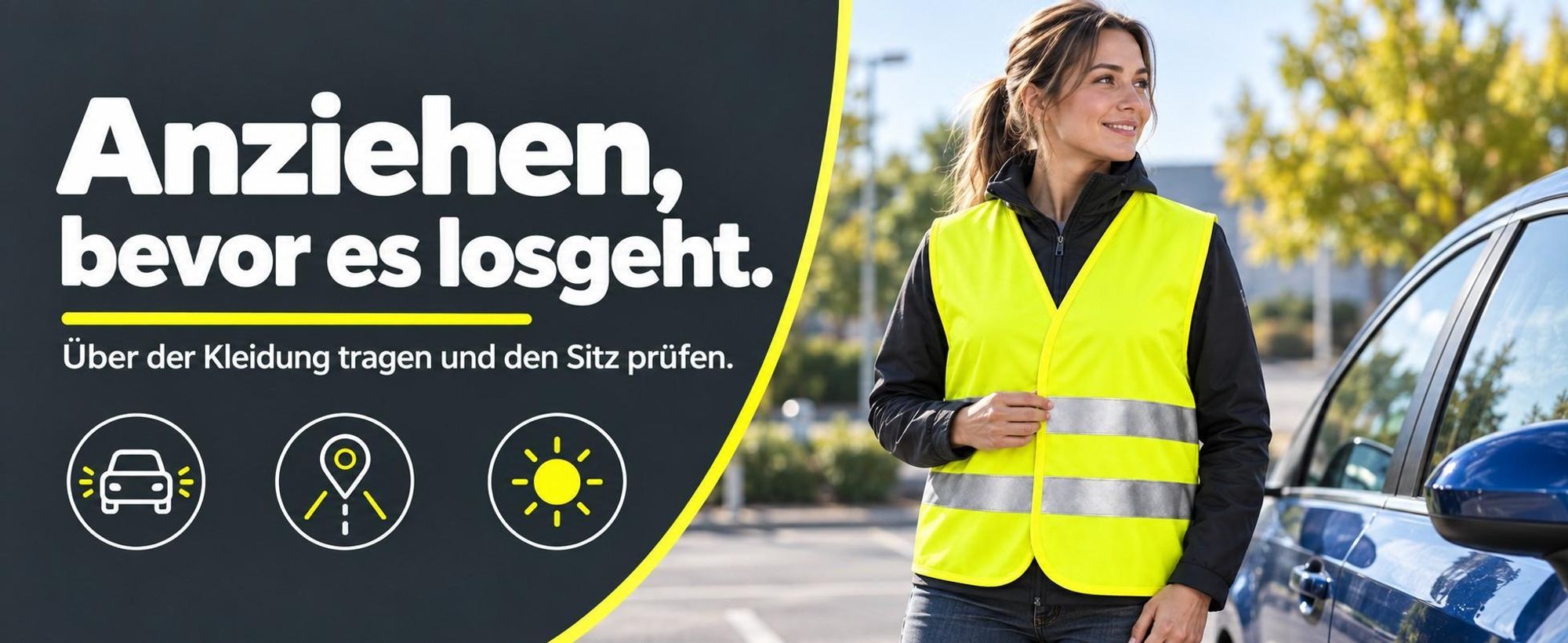 Anwendungsbeispiel: gelbe Warnweste über der Kleidung an einem geparkten Fahrzeug