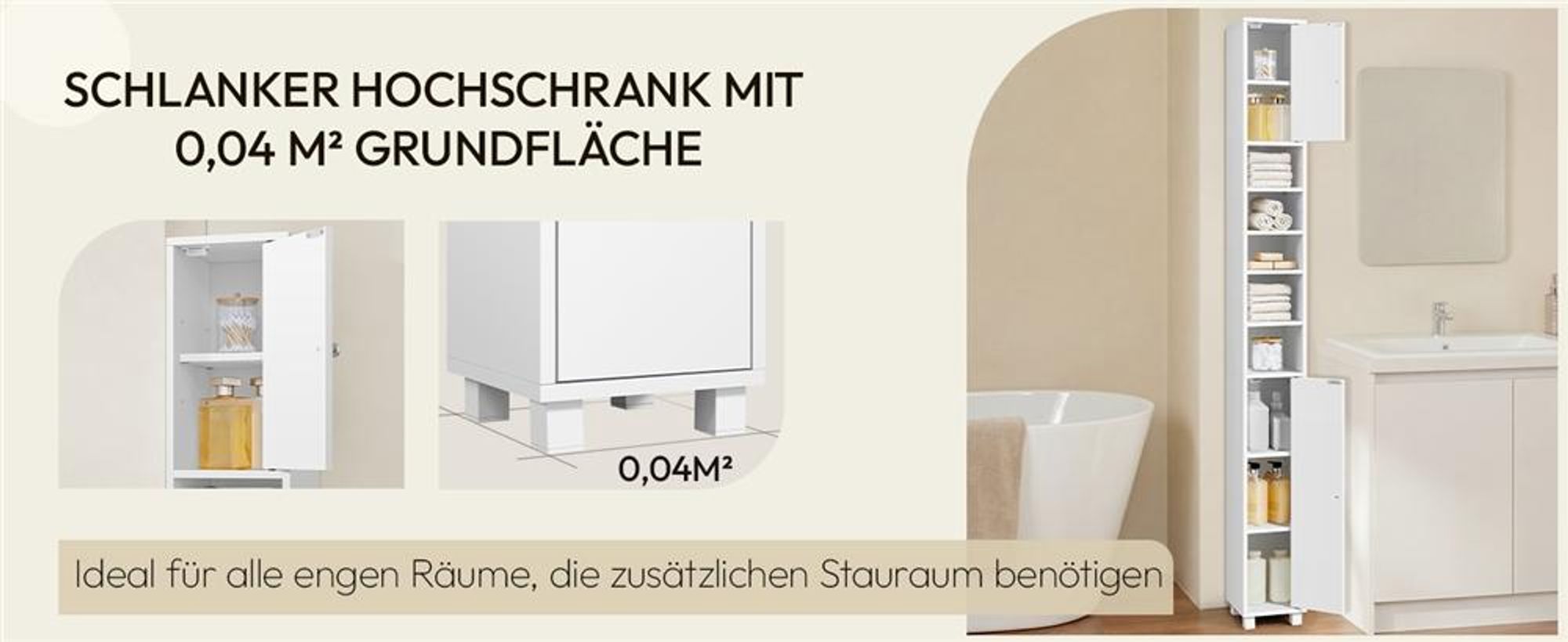 Yaheetech Badezimmerschrank, 20 cm schmaler Badschrank, 180 cm Hochschrank, 10 Fächer, verstellbare Ablagen, Weiß