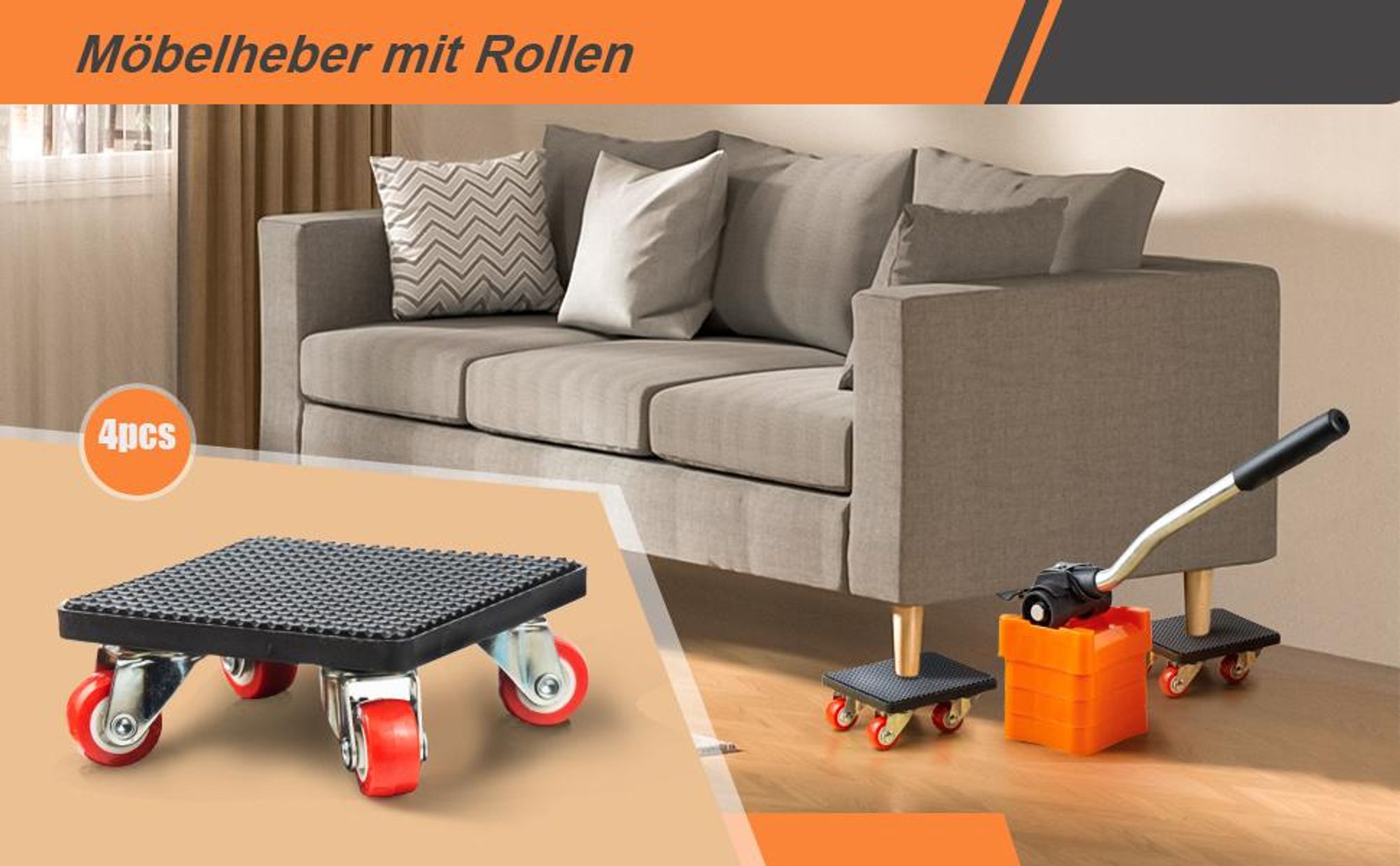 Möbelheber Set, 9-Teiliges Möbel Transportroller Set, Schwerer Möbeltransporter mit Verlängerungsstange und 4 Möbelroller, 360 Grad Drehbar Rads